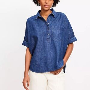 Loft Petite Chambray Dolman Henley Shirt Women’s Size SP Blue Dark Wash Denim